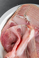 ham slice pork meat eating cooking appetizer meal food snack on the table copy space food background rustic top view