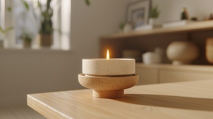  A lit candle atop a wooden table, near a potted plant on a windowsill