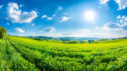 Vibrant green field under a clear blue sky, with wind turbines in the distance, showcasing a beautiful landscape of renewable energy and natural beauty amidst rolling hills.