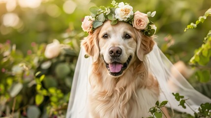 Image showing a dog dressed as a bride, wearing a white gown, floral crown, and veil, with a joyful...