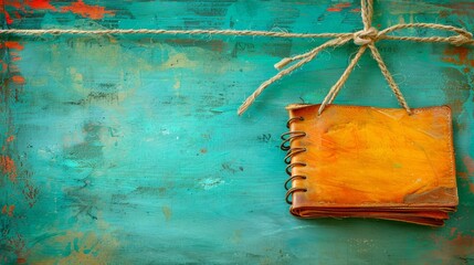   A book attached to a string on a turquoise wall A brown bookmark hangs from the twine - obrazy, fototapety, plakaty