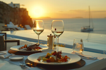 Romantic dinner setup with wine at sunset overlooking the sea. - obrazy, fototapety, plakaty