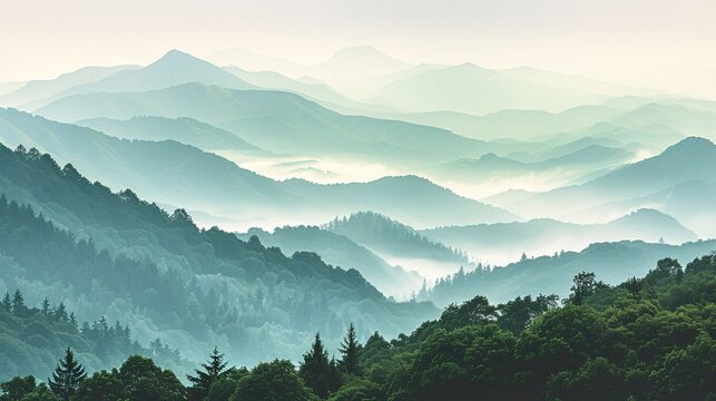 Hazy perspective of a mountain vista, showcasing misty peaks and dense woodlands unaltered by human activity 01