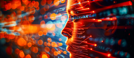 Digital face profile formed by illuminated particles and lines, representing artificial intelligence amidst a vibrant display of glowing circuits and data streams. Futuristic technology concept. 