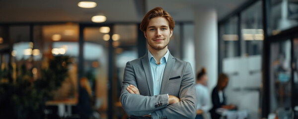 Naklejka premium Confident businessman standing with arms crossed in a modern office setting.