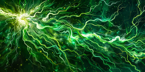 Vibrant green energy waves surge across a dark cosmic canvas, illuminating space with dynamic brilliance. Abstract and electrifying, evokes themes of energy, technology, and otherworldly phenomena.