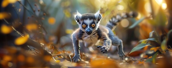 Fototapeta premium A ring-tailed lemur leaps among foliage with a focused gaze.