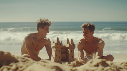 Twin brothers share a moment of joy while constructing a detailed sandcastle along the shoreline