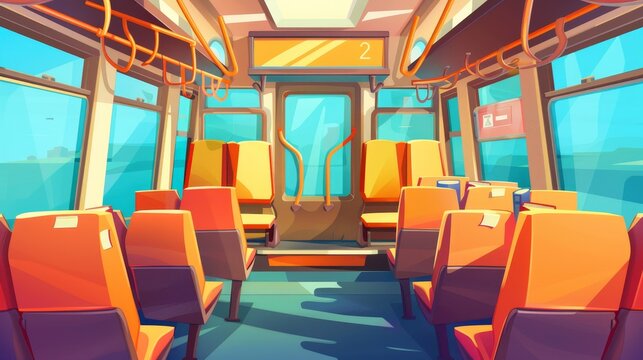 Modern cartoon background showing an empty school bus interior with a book on each seat. Inside view of a clean train with a closed door and an exit sign. A comfortable urban public transport vehicle