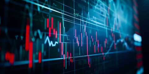 Stock market graph with red and green candlestick bars on a computer screen, representing real-time trading and financial analysis. Dark background with grid lines.  - obrazy, fototapety, plakaty