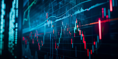 Stock market graph with red and green candlestick bars on a computer screen, representing real-time trading and financial analysis. Dark background with grid lines.  - obrazy, fototapety, plakaty