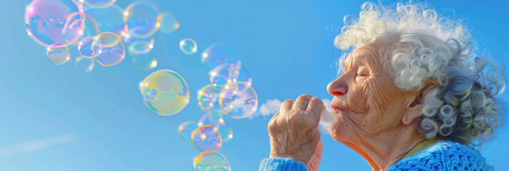 An elderly woman standing outdoors blowing soap bubbles into the air with a wand, creating a playful and joyful scene - Powered by Adobe