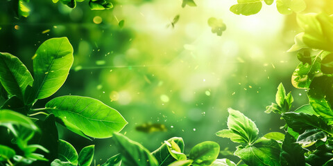 Bright green leaves bask in sunlight, creating a vibrant and lively atmosphere. Sunbeams penetrate through the foliage, casting a warm glow and highlighting intricate details. Green nature background.