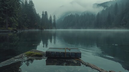   A suitcase atop a rock in a water body, surrounded by trees and shrouded in foggy air - obrazy, fototapety, plakaty