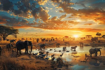 Animals gathering around a shrinking watering hole in a drought-stricken savannah, elephants, lions, and antelopes visible - obrazy, fototapety, plakaty