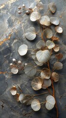 Soft grey marble with a network of gold and pearl veins, adorned with silver eucalyptus leaves. Vertically oriented. 