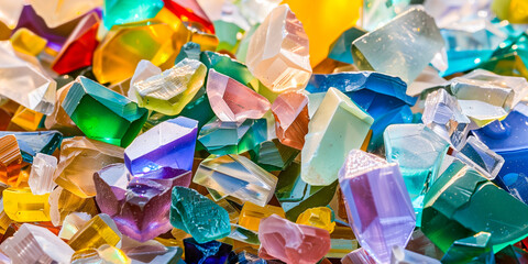 Colorful broken glass pieces, a vibrant mix of red, blue, green, yellow and more; ideal for art projects or unique decorative elements. 