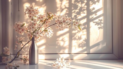   A vase, brimming with white blooms, sits atop a table beside a window Shadow graces the floor from the cast within
