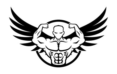 Sport icon muscular athlete angel on white background. - 785527560