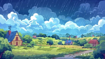 Poster Rainy season and wind in spring. Forest near farmland. Illustration with cartoon rain weather. Dark blue sky, village scene and houses. © Mark