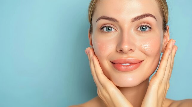 Blonde woman applying toner and moisturizer for radiant, hydrated skin   beauty skincare concept