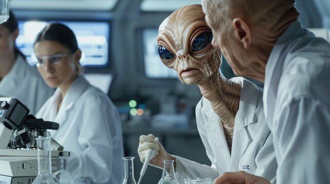 Cinematic snapshot of a friendly alien collaborating with human coworkers in a state-of-the-art laboratory, their combined expertise driving scientific breakthroughs 02