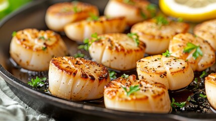   A tight shot of a scallop-laden plate, garnished superiorly