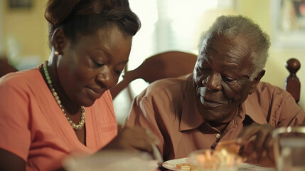 African american elderly man and woman are seated at a table, with a plate of food in front of them