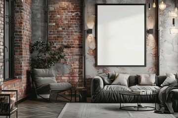 mockup Industrial chic living room featuring a blank white poster in a black frame, against a backdrop of exposed brick and metal accents