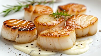   A white plate bears scallops, generously topped and covered in rich sauce, garnished with a single sprig of fragrant rosemary - obrazy, fototapety, plakaty