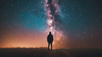 A person standing on a hill, gazing up at the countless stars in the night sky