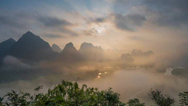 Hyperlapse time-lapse Scenery of Ngoc Con mountain, Cao Bang province, Vietnam filled with mist in the early morning