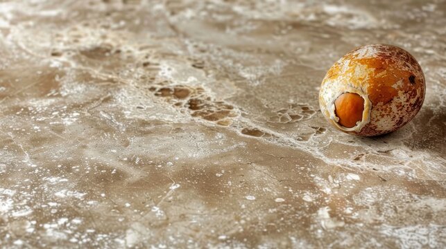   A rotten orange lies on a filthy floor, soaked in standing water