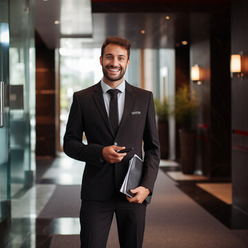 a scene of a hotel manager warmly welcoming guests into a lavish hotel lobby, with opulent decor, plush furnishings, and impeccable service, conveying a sense of luxury , sophistication in an elegant