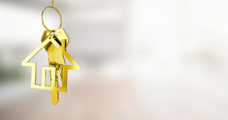 Image of gold house key fob and key dangling over out of focus interiors with copy space