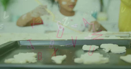 Selbstklebende Fototapeten Image of letters and numbers falling over african american girl making cookies © vectorfusionart