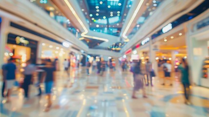 Fototapeta premium Blurred view of a crowded shopping mall with dynamic crowd activity