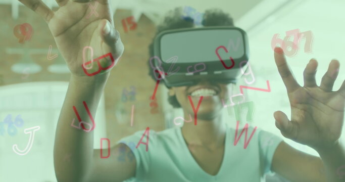 Image of letters and numbers falling over african american woman wearing vr headset