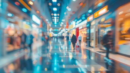 Blurred view of a bustling shopping mall with motion blur effect 02 - obrazy, fototapety, plakaty