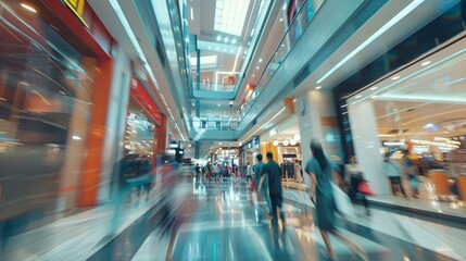 Blurred view of a bustling shopping mall with motion blur effect on people