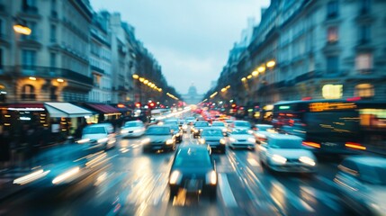 Blurred view of Parisian cityscape with motion blur effect on busy boulevards