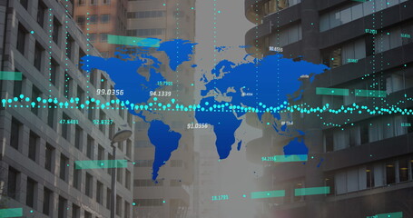 Image of stock market data processing over world map against tall buildings