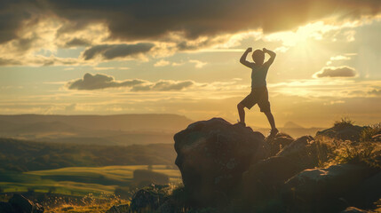 Teen boy standing triumphantly on a rock, arms raised in the air