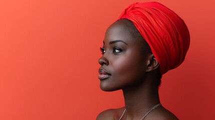   A woman wears a red turban and sports a necklace She gazes away from the camera