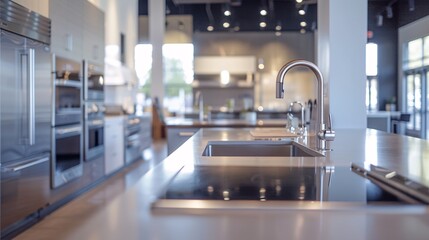 Blurred sight of a contemporary culinary area, showcasing cutting-edge appliances and sleek finishes