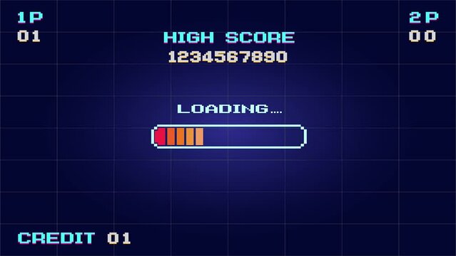 LOADING .pixel art .8 bit game. retro game. for game assets. Retro Futurism Sci-Fi Background. glowing neon grid and star from vintage arcade computer games