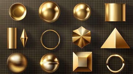 A realistic 3D set of golden geometric figures on a transparent background. Abstract cylinder, hemisphere, and ring shown with shiny metal surfaces. A futuristic design element.