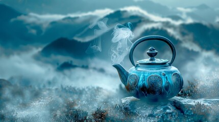   A blue teapot atop a forest rock amidst thick smoke-filled air