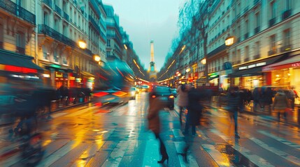 Blurred scene of Parisian boulevards with motion blur effect on lively streets
