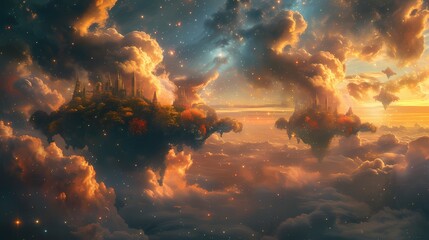 A surreal dreamscape of floating islands adorned with vibrant flora, under a sky filled with swirling galaxies - obrazy, fototapety, plakaty